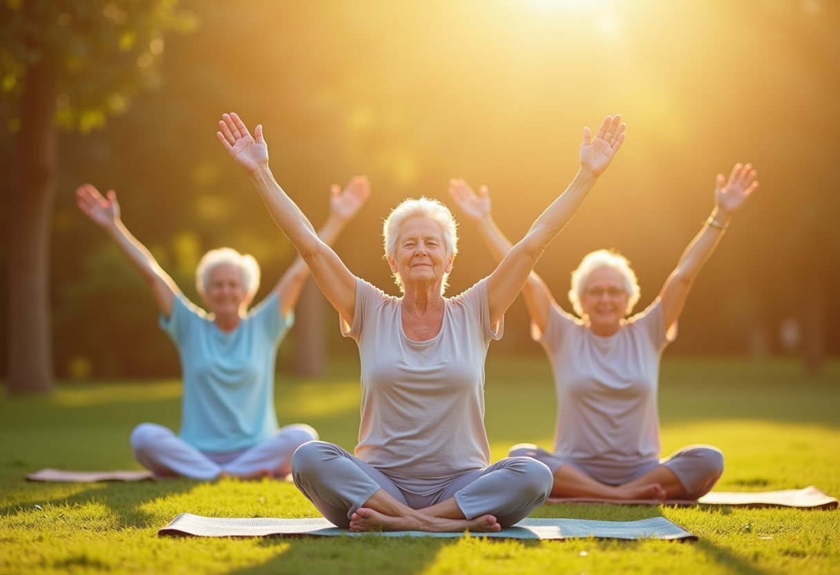 Професионален йога инструктор работи с възрастни хора