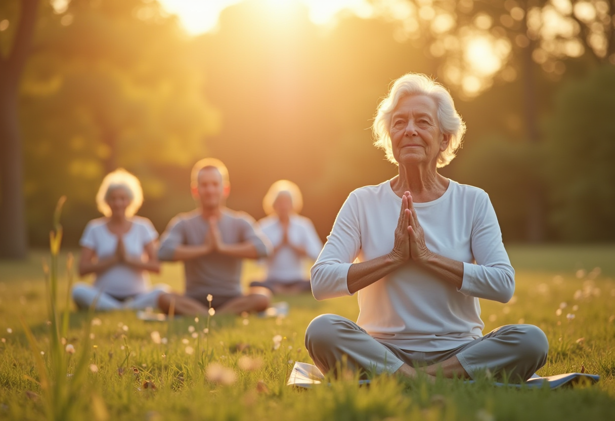 Група възрастни хора практикуват йога в приятна атмосфера